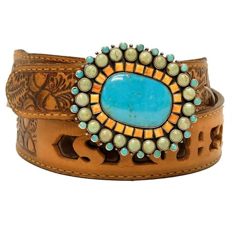 Acorn Leaf Pattern Leather Belt with Oval Turquoise Coral Triple Layer Buckle